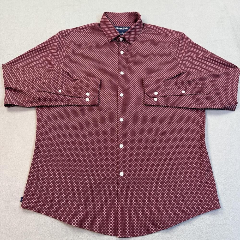 Mizzen+Main Leeward Dress Shirt Mens Medium Red Geometric No Tuck Stretch
